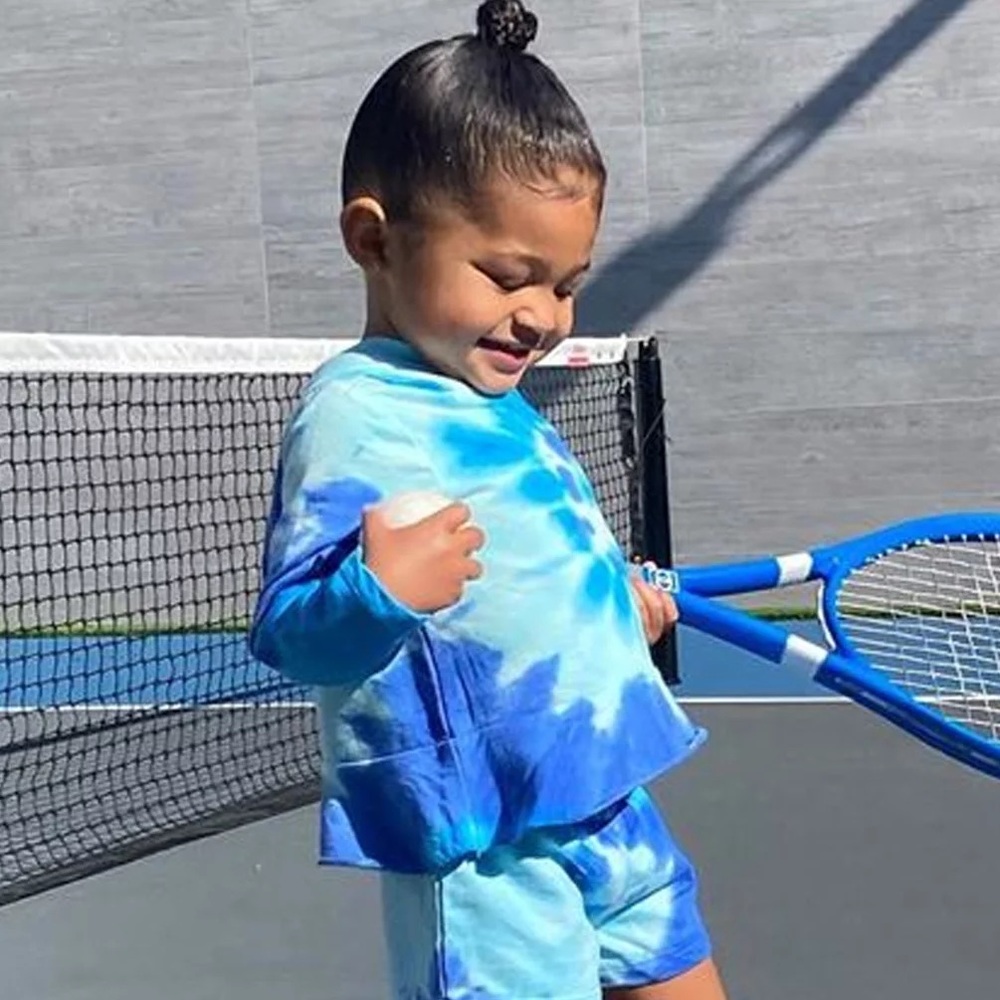 As seen on Stormi Kylie Jenner tie dye peplum hoodie in blue by Design History